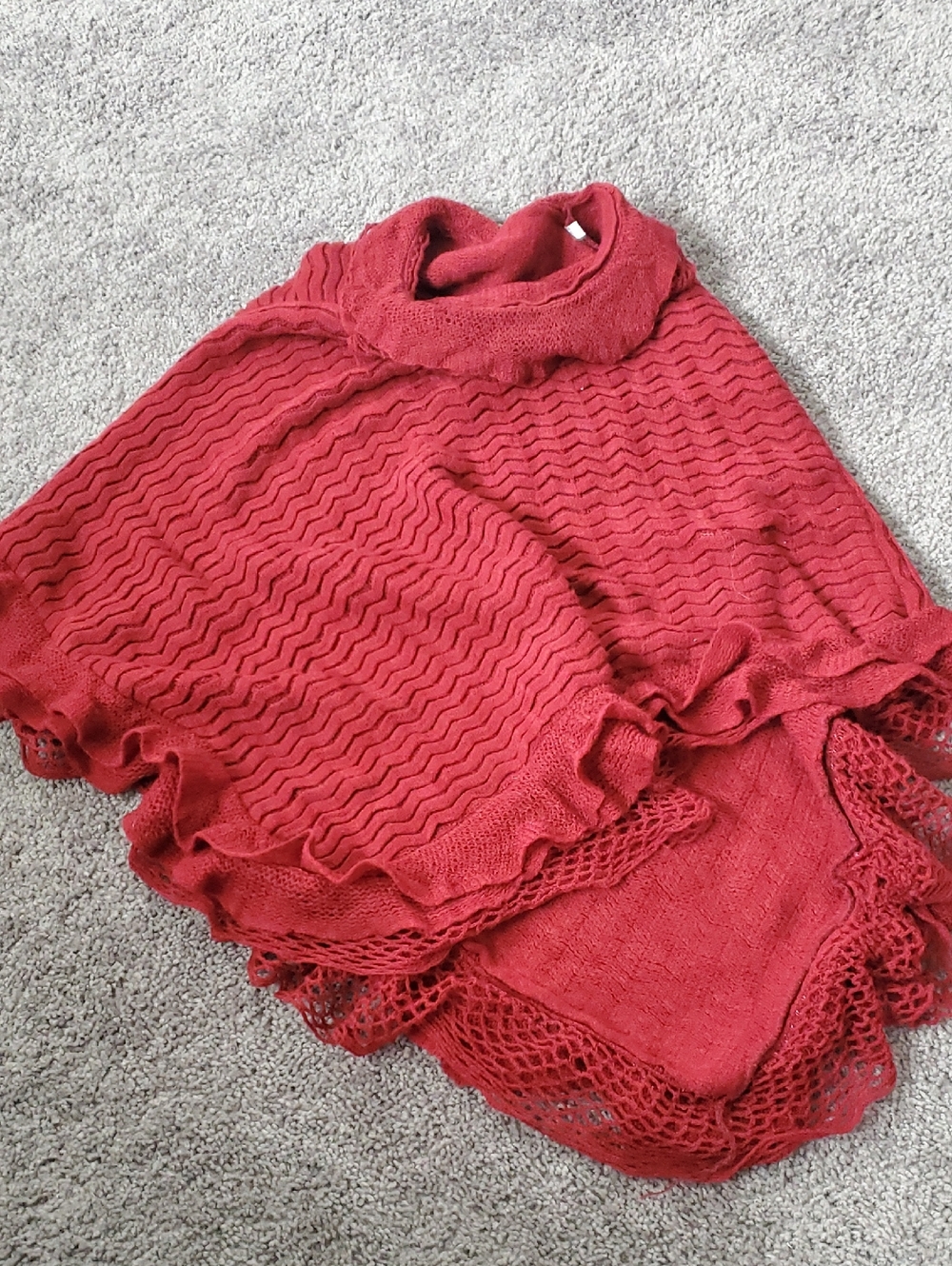 Source Unknown Red Knit Poncho with Scalloped Hem